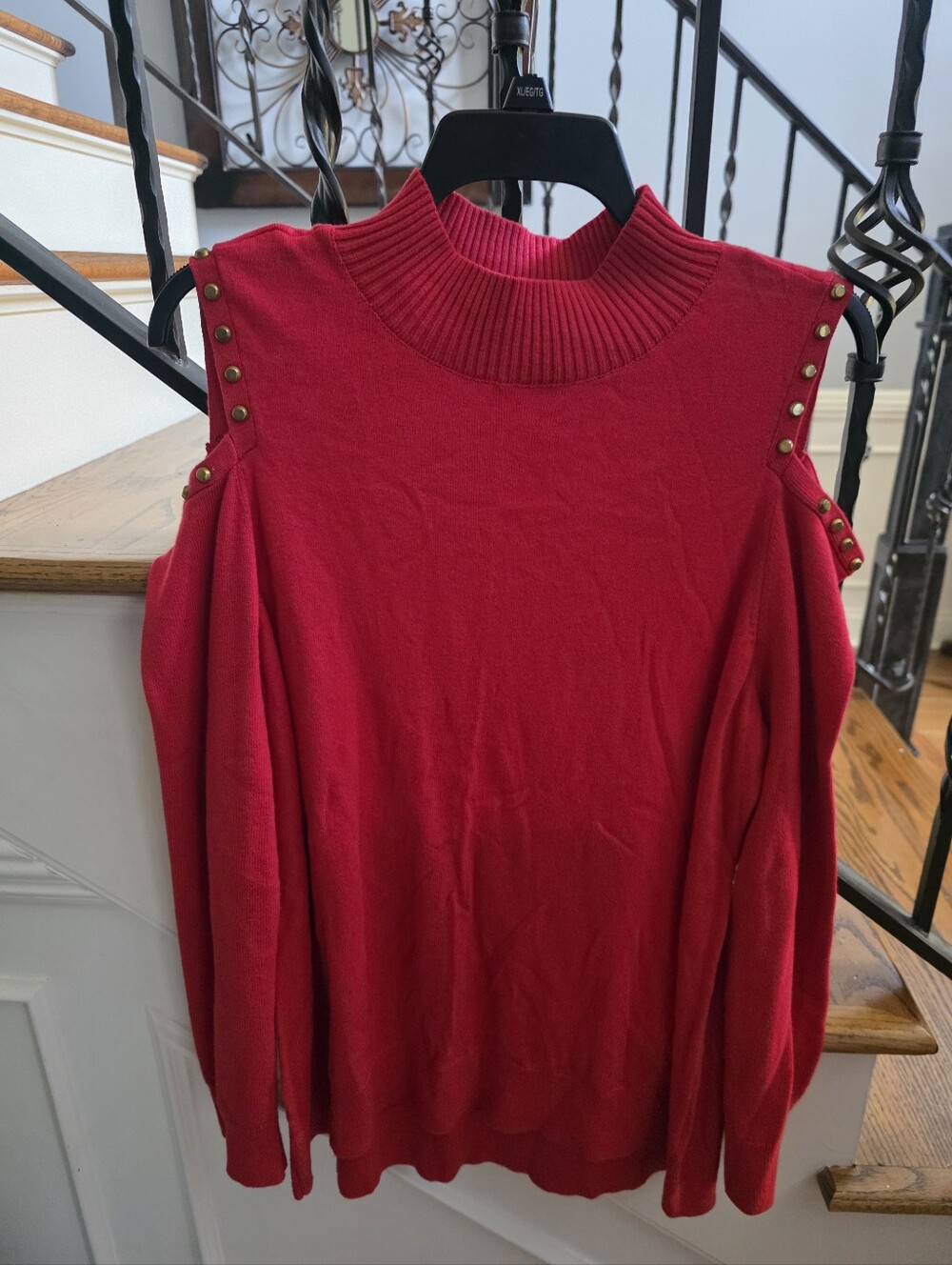 Michael Kors Red Cold-Shoulder Studded Rib Mock-Neck Sweater